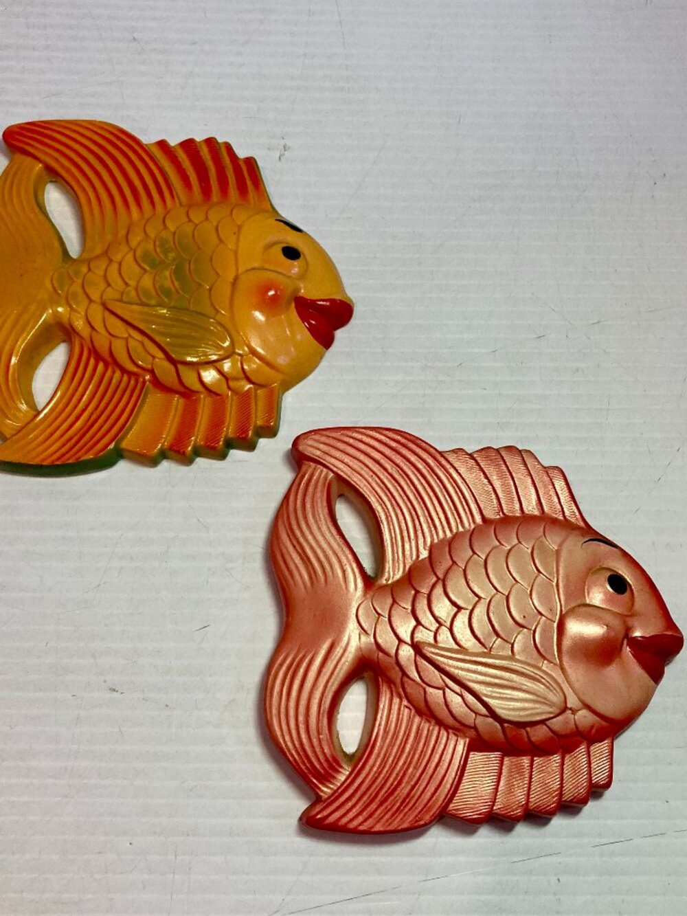 Vintage Miller Studio 1970’s Chalkware Fish 6" Wall Hang Orange Pink Set Of 2